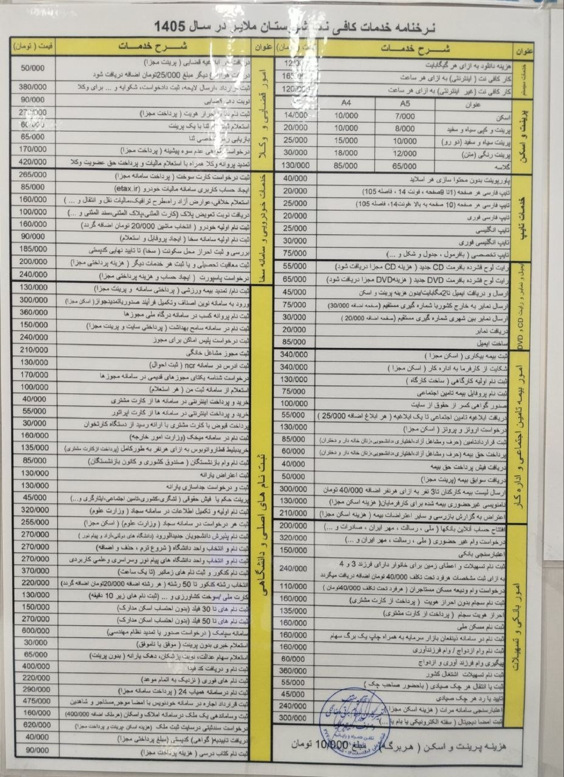 نرخنامه خدمات کافی نت ملایر 1405